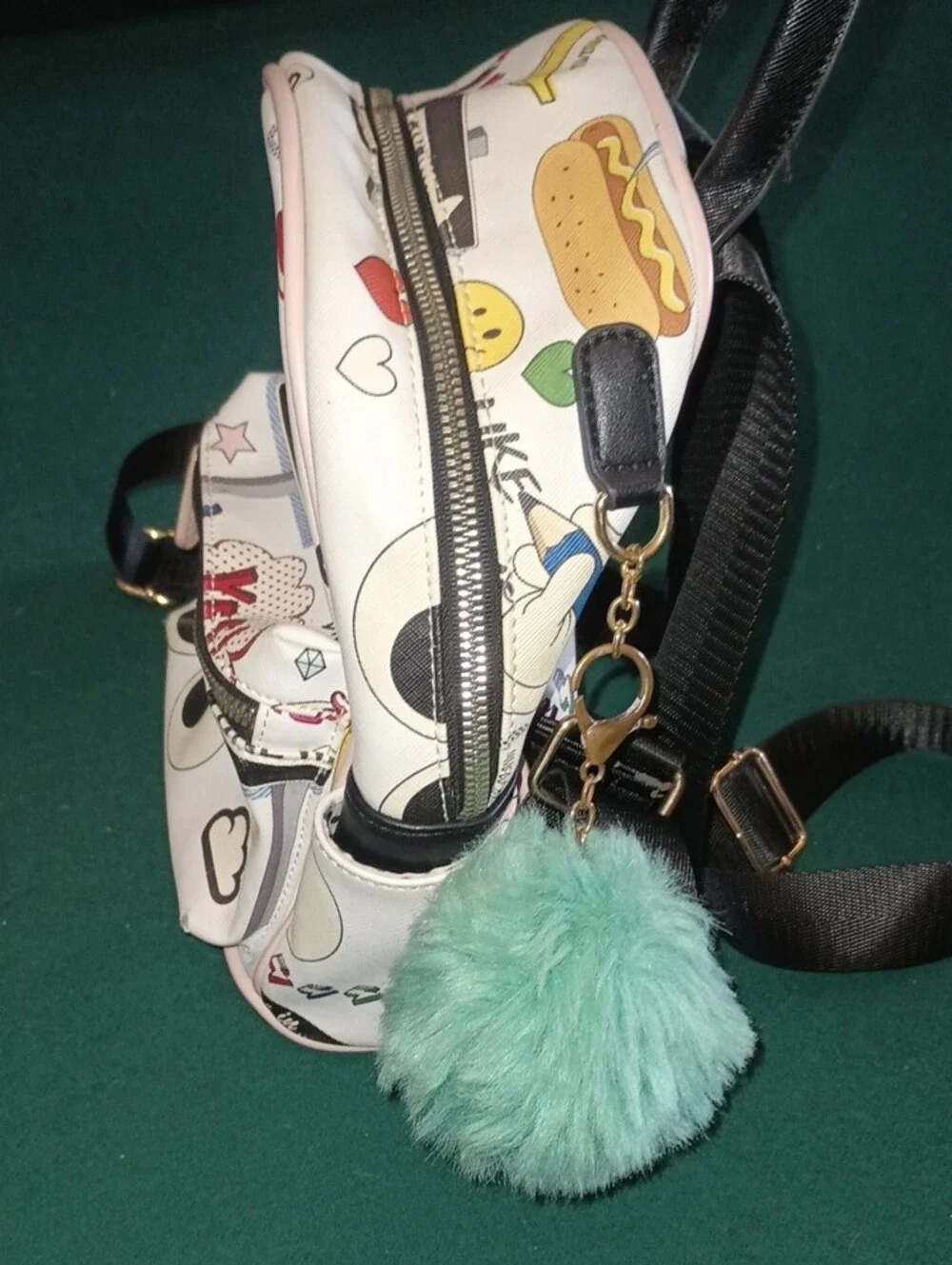 Like Dreams White Emoji Print Mini Backpack with Teal Pom